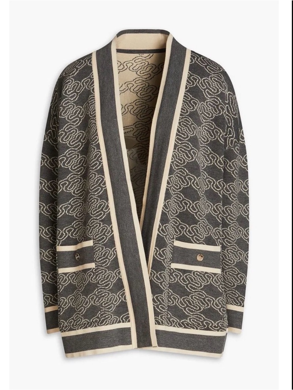 SANDRO NWT Enea Oversized Jacquard-Knit Cardigan in Charcoal and Cream Size 0 XS